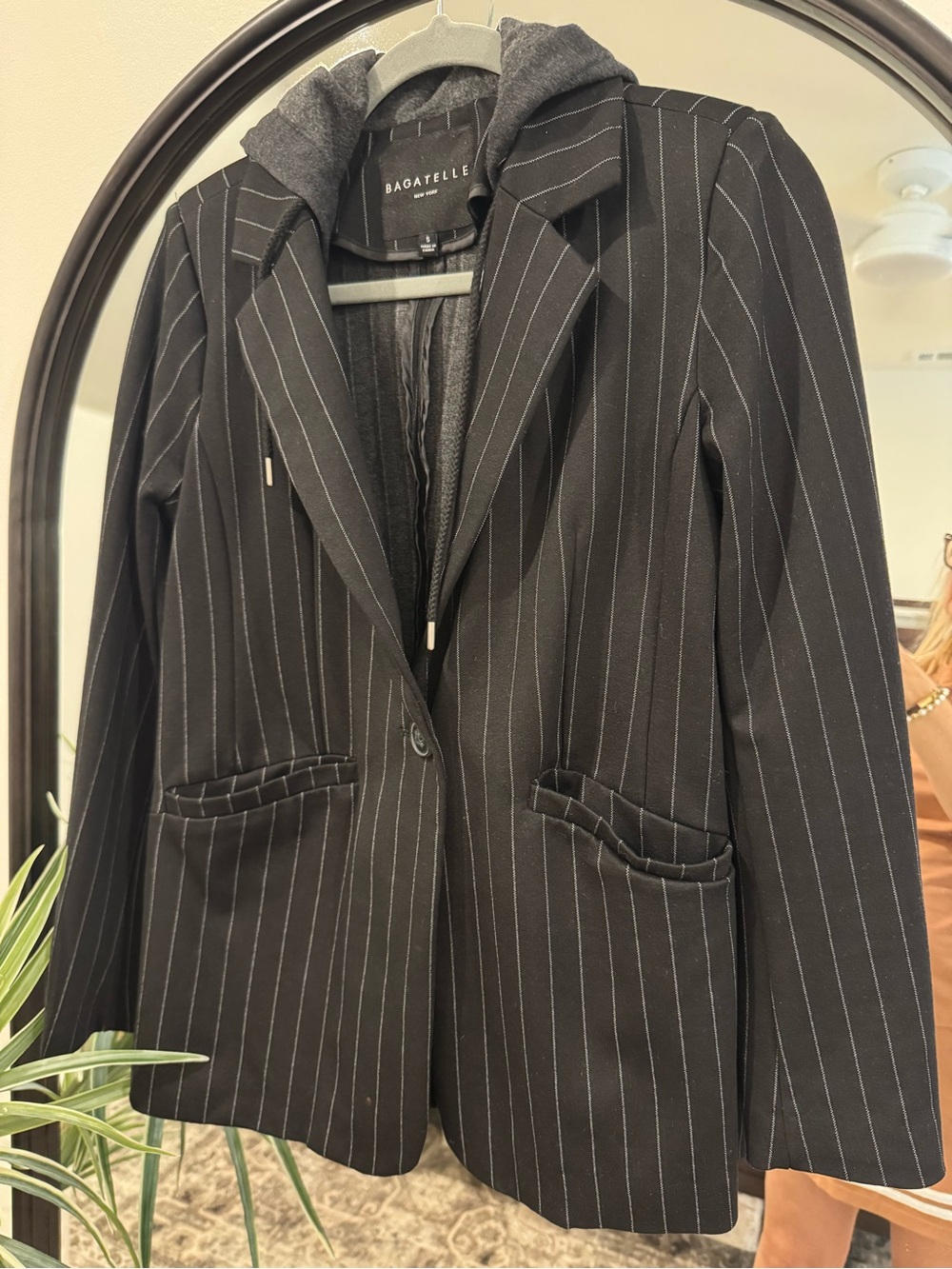 Bagatelle Black Pinstripe Blazer with Gray Hood Insert